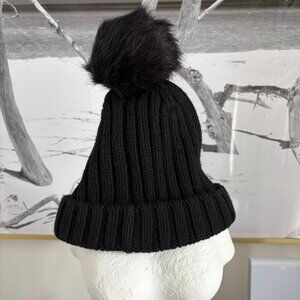 J. Crew Black Ribbed Beanie with Faux Fur Pom | One Size